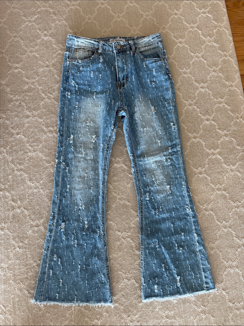 Pink & Pepper Distressed Light Blue Cropped Flare Jeans
